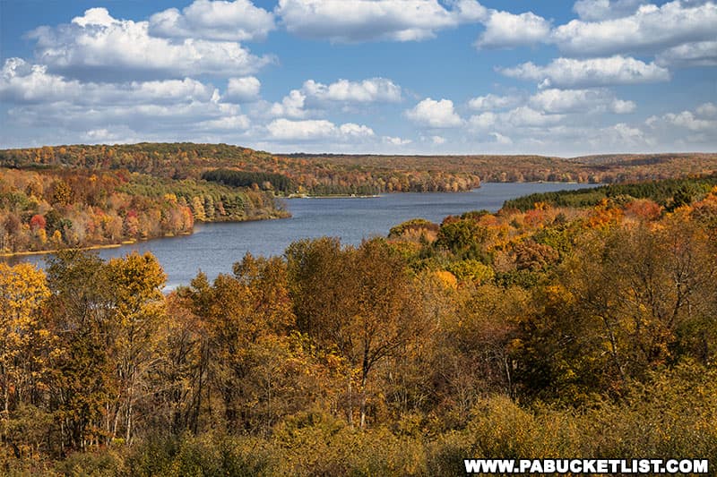 Fall foliage around Glendale Lake at Prince Gallitzin State Park in Cambria County Pennsylvania.