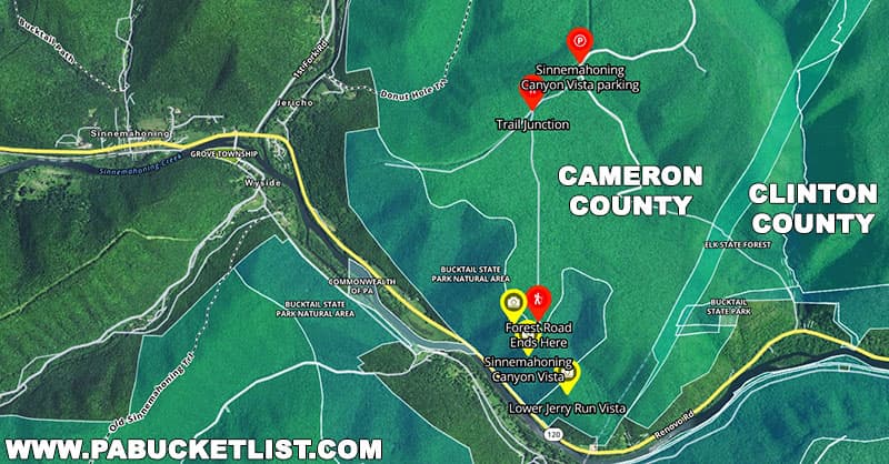 Sinnemahoning Canyon Vista is located just east of Sinnemahoning on the Cameron-Clinton County line.