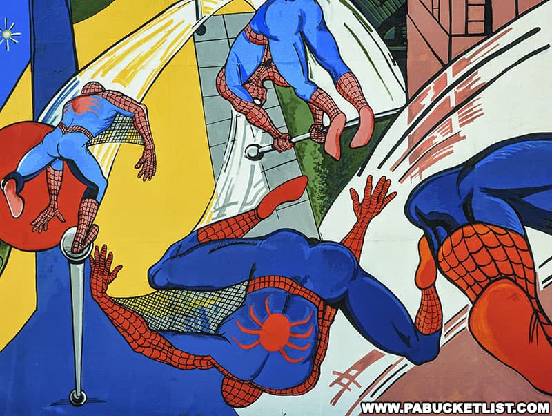 A close-up of some of the detail on the Spider-Man mural in downtown Johnstown Pennsylvania.