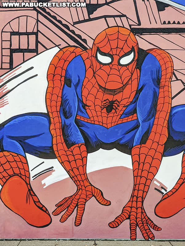 Close-up of Spider-Man on the mural honoring Steve Ditko in Johnstown.