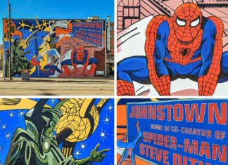 The 49-foot wide and 28-foot-high Spider-Man mural on the side of the Stone Bridge Brewing Company in Johnstown Pennsylvania.