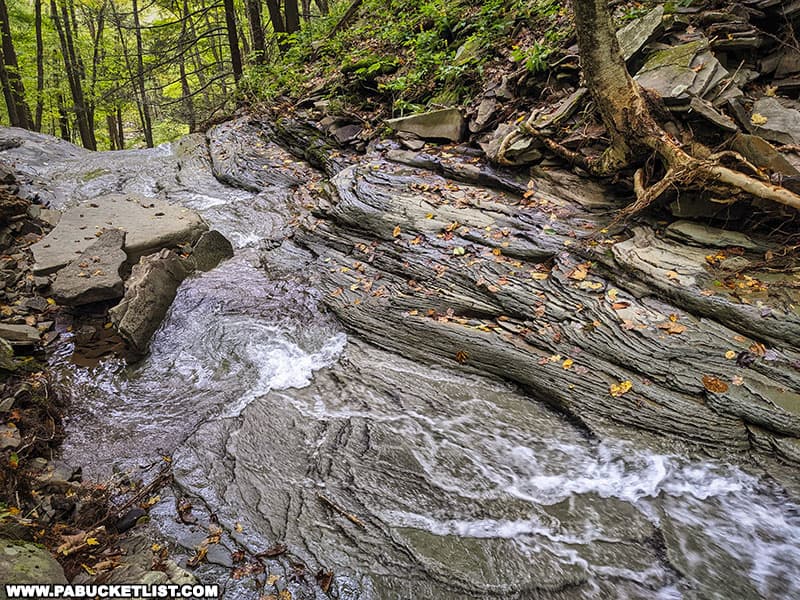 Rock formations at the top of Water Tank Hollow Falls in Tioga County Pennsylvania.