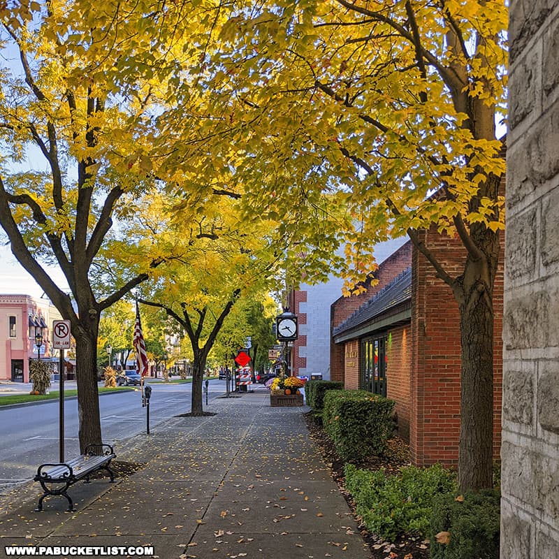 Fall foliage views on the sidewalks of Wellsboro in Tioga County Pennsylvania.