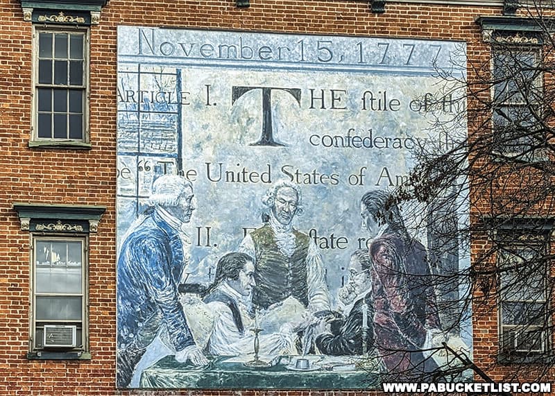 A mural depicting the Articles of Confederation being adopted by the Continental Congress meeting in York on November 15, 1777.
