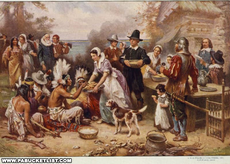 An artist's stylized rendition of the first Thanksgiving feast celebrated by Europeans in the New World.