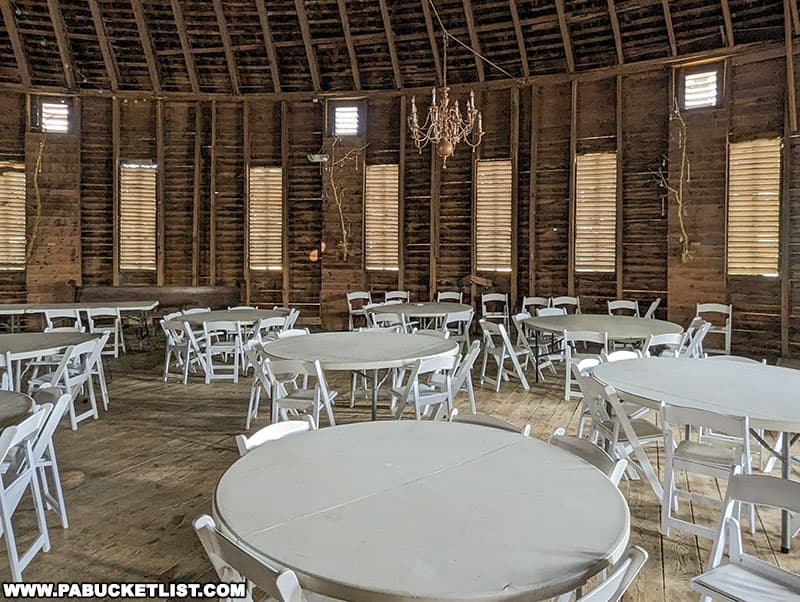The upstairs event space at the Historic Round Barn near Gettysburg Pennsylvania.