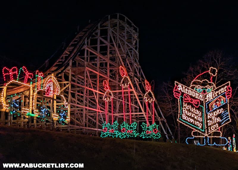Christmas lights illuminating the Skyliner roller coaster at Lakemont Park in Altoona.