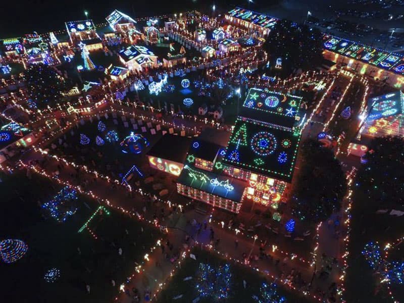 Koziar's Christmas Village Christmas lights display as viewed from above.