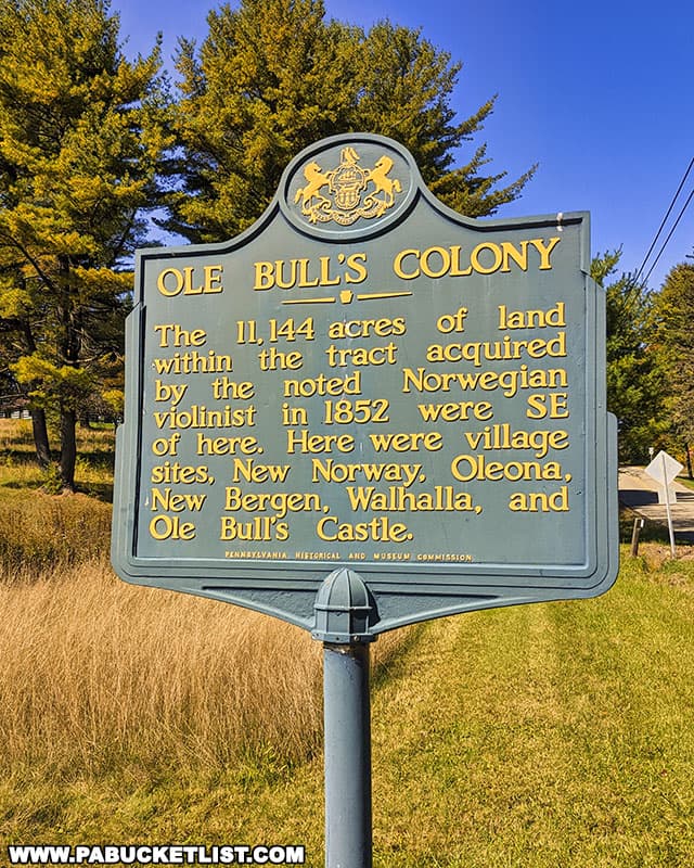 A historical marker commemorating Ole Bull's Colony of Norwegian followers in modern-day Potter County Pennsylvania.
