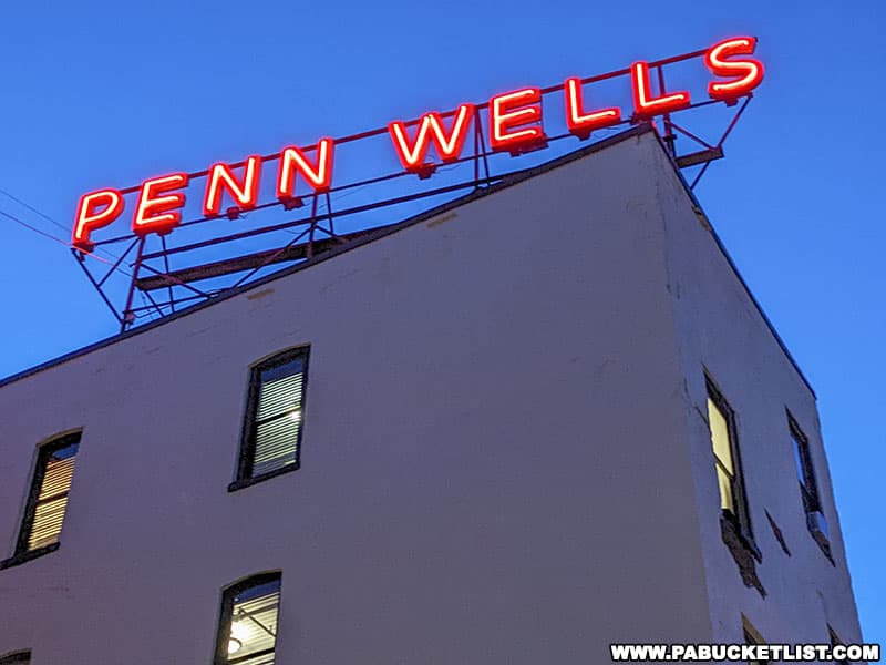 Neon sign on top of the historic Penn Wells Hotel in Wellsboro Pennsylvania.