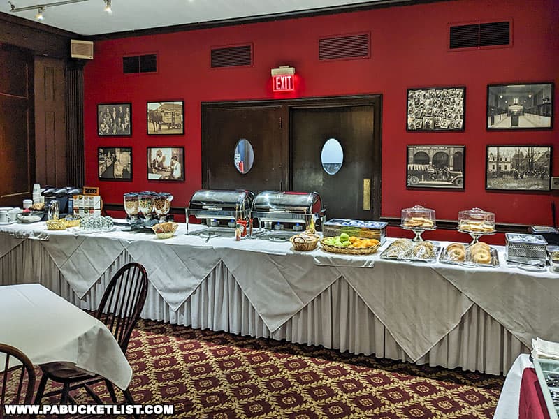 Breakfast buffet in the dining room at the Penn Wells Hotel.