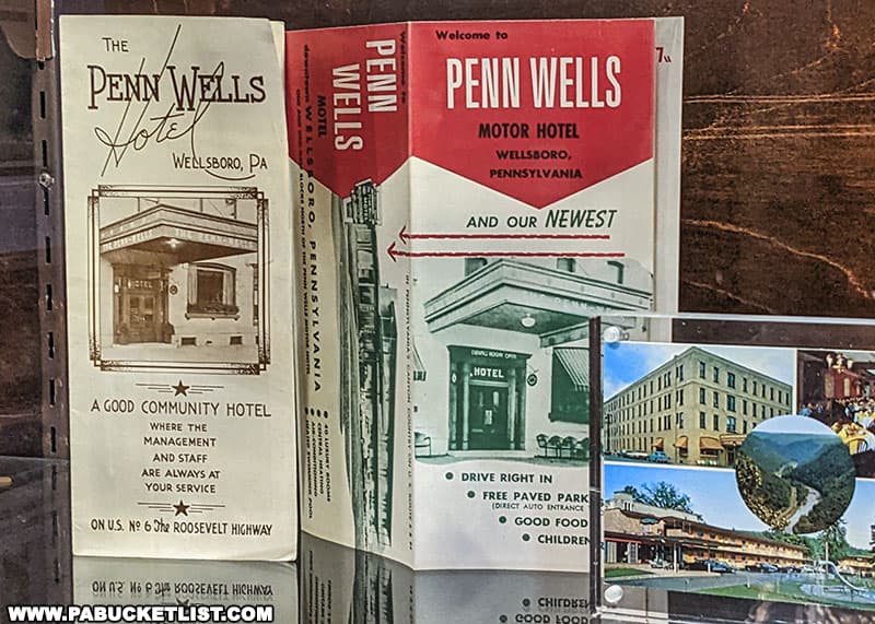 Penn Wells Hotel memorabilia on display in the lobby.