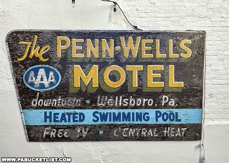 A vintage sign on the patio at the Penn Wells Hotel.