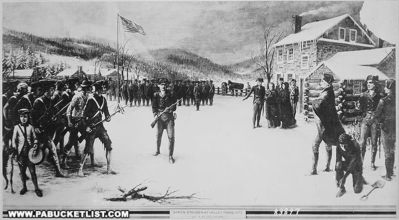 Baron von Steuben instructing troops at Valley Forge public domain image.