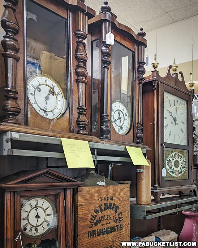 Vintage clocks for sale at Black Rose Antiques and Collectibles in the Chambersburg Mall.