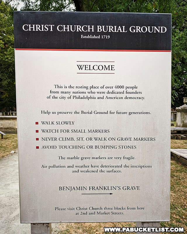 Christ Church Burial Ground is located a few blocks from the church in Philadelphia Pennsylvania.