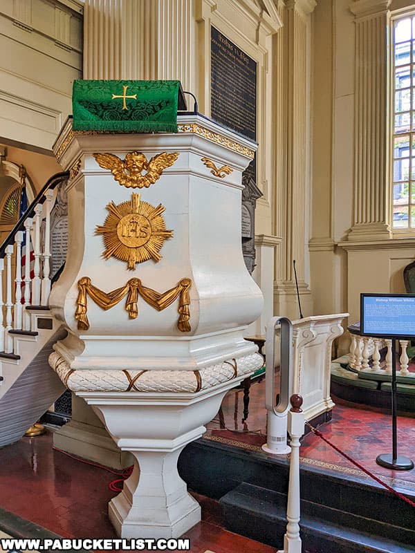 The "wine glass pulpit" at Christ Church in Philadelphia.