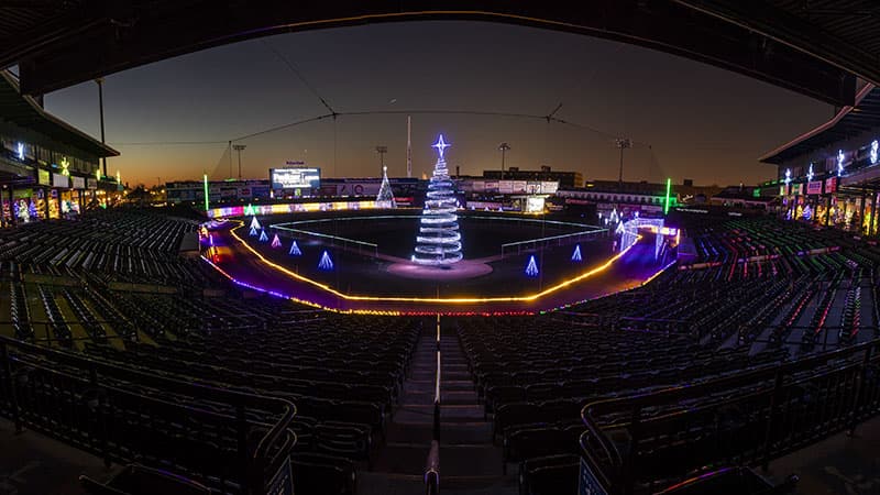 View of the Christmas Spirit Light Show from the concourse at Clipper Magazine Stadium in Lancaster Pennsylvania.