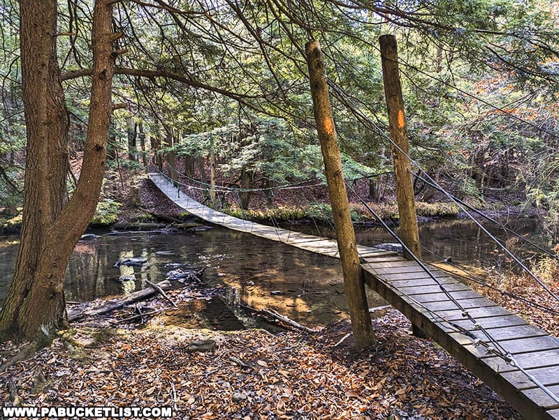 The Clear Shade Creek suspension bridge connects the two loops comprising the John P. Saylor Trail in the Gallitzin State Forest.