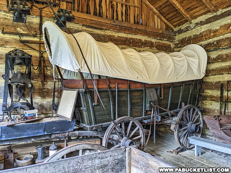 A Conestoga Wagon in the barn at the Compass Inn Museum in Laughlintown Pennsylvania.
