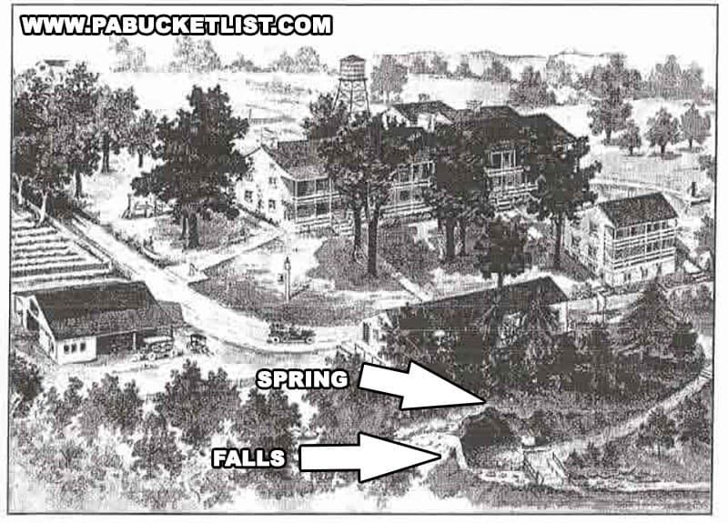 Historical sketch of the Frankfort House health spa and resort that once existed on the hill above the springs and waterfall.