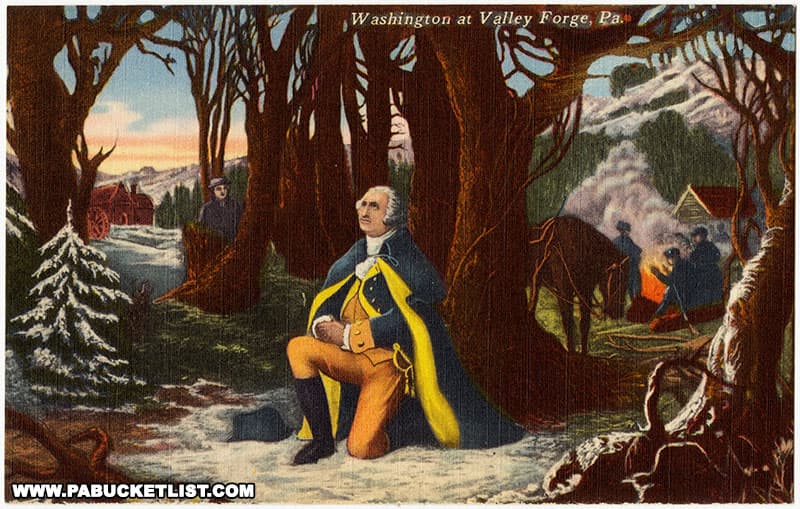 Vintage postcard showing George Washington at Valley Forge.