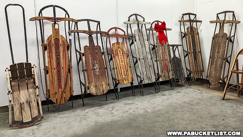 Vintage sleds for sale at Historica Plus antique store in Clearfield Pennsylvania.