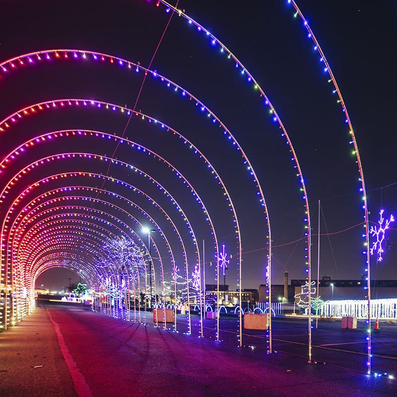 Tunnel of lights outside Clipper Magazine Stadium in Lancaster as part of the Christmas Spirit Light Show.