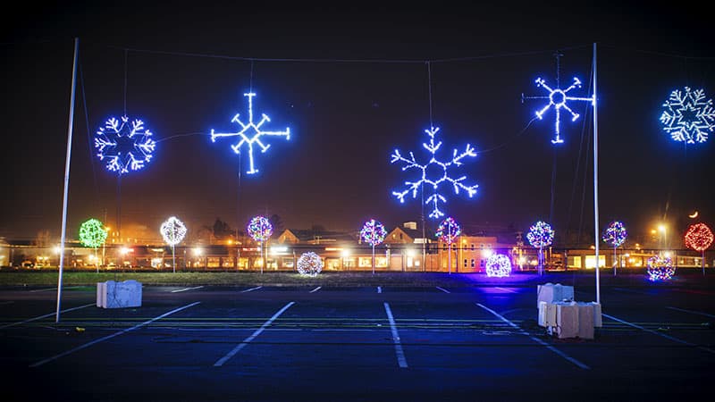 Illuminated snowflakes as part of the Christmas Spirit Light Show in Lancaster Pennsylvania.