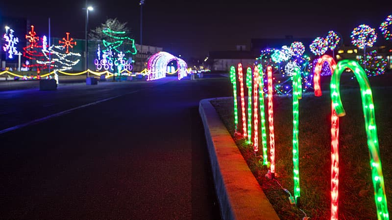 Christmas lights outside Clipper Magazine Stadium.