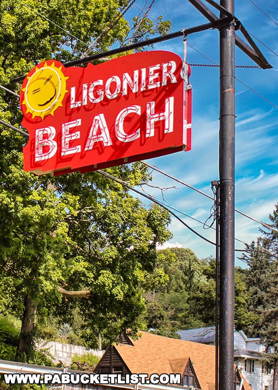 The iconic Ligonier Beach sign along the Lincoln Highway.
