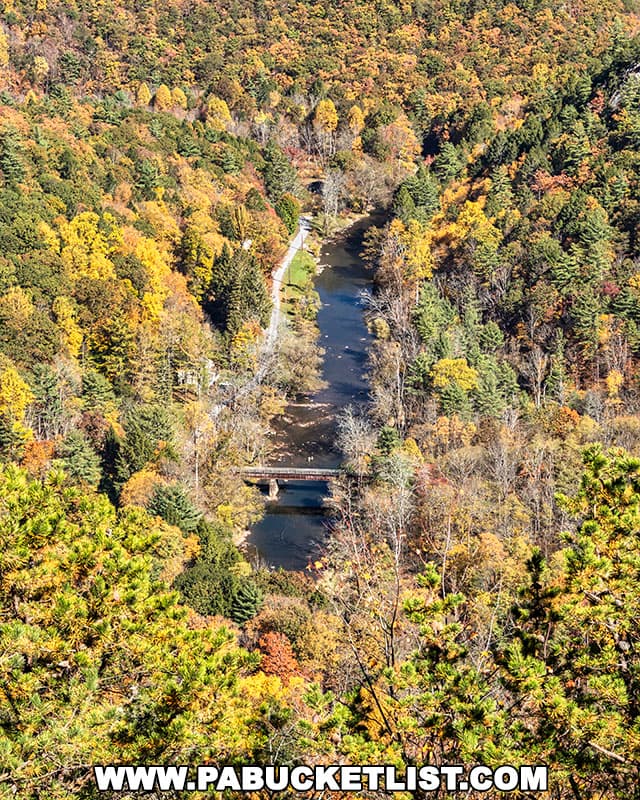 Looking down on the pedestrian bridge over Penns Creek from Penns View in the Bald Eagle State Forest.
