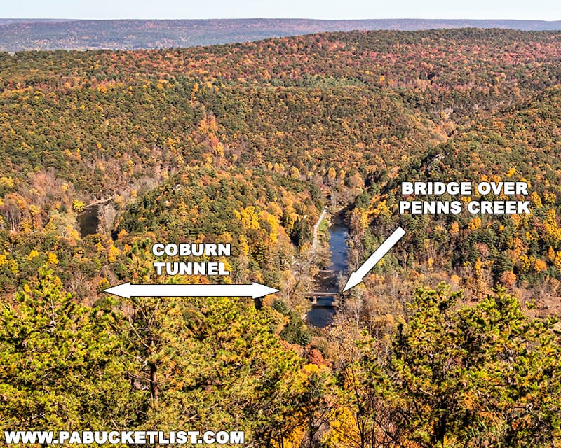 Looking down on the abandoned Coburn railroad tunnel from Penns View in the Bald Eagle State Forest.