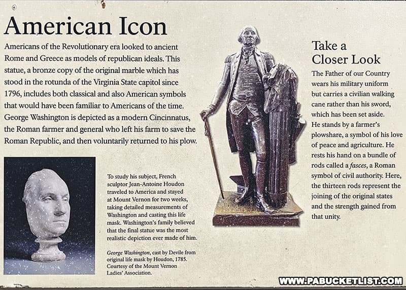 Details about the George Washington statue erected near his headquarters at Valley Forge.