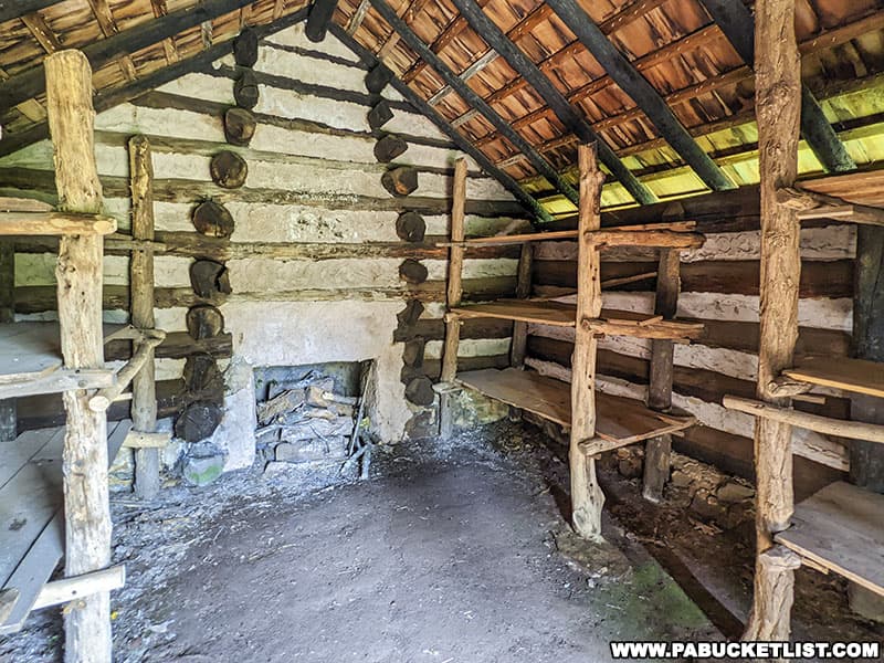 The spartan interior of one of the reproduction soldier huts at Valley Forge.