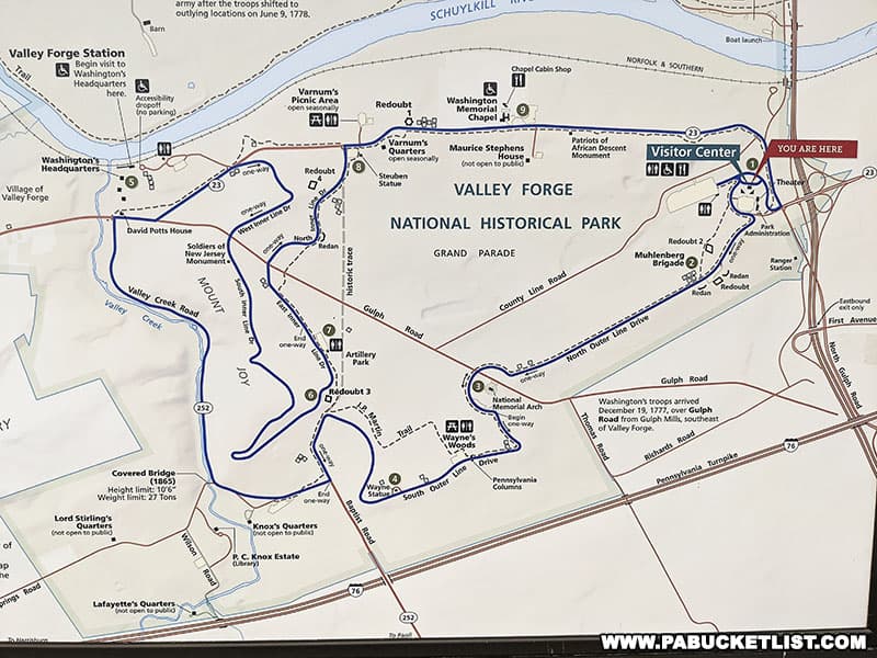 A map showing the main parts of Valley Forge National Historic Park.