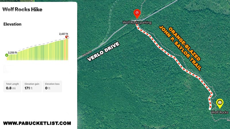 A map showing the John P Saylor hiking trail leading to Wolf Rocks in the Gallitzin State Forest.