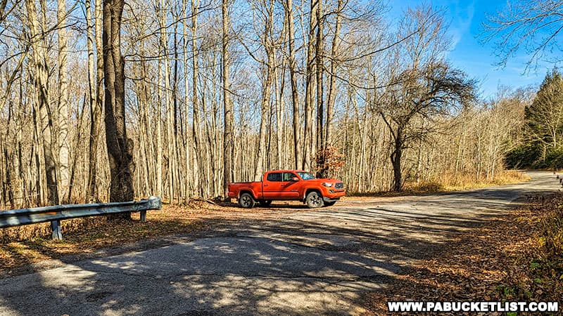 The parking area along Verla Drive for the hike to Wolf Rocks in the Gallitzin State Forest.