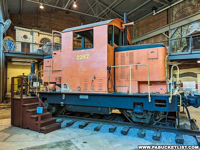 A 1940 train switcher engine in the Transportation Gallery at the York County Agricultural and Industrial Museum in York Pennsylvania.