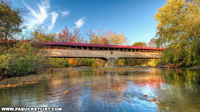 The Pomeroy Academia Covered Bridge spans Tuscarora Creek in Juniata County Pennsylvania.
