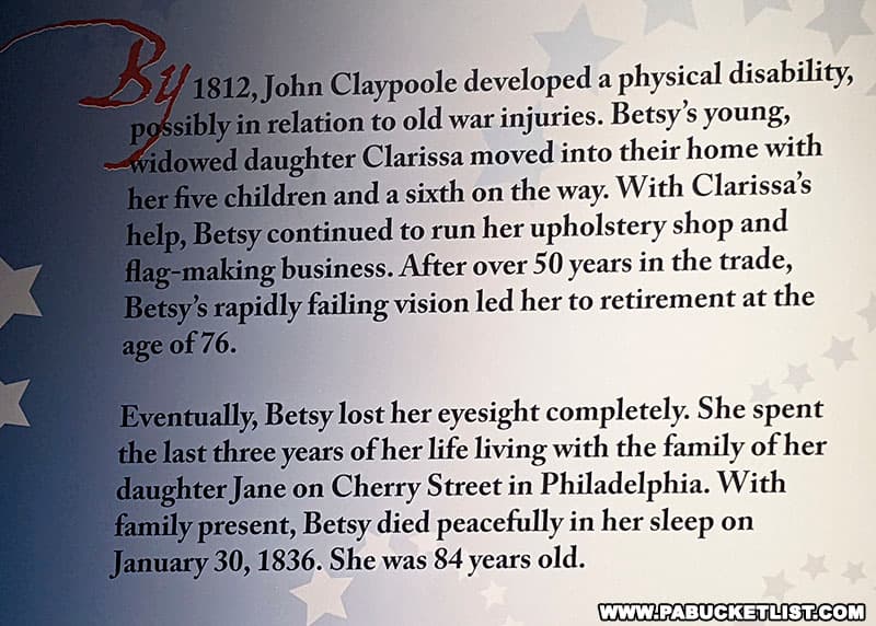 Display about the final years of Betsy Ross's life.
