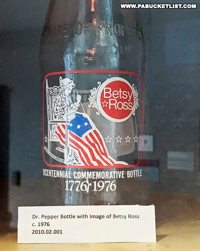 A Betsy Ross Dr. Pepper bottle commemorating America's Bicentennial in 1976, on display at the Betsy Ross House in Philadelphia.