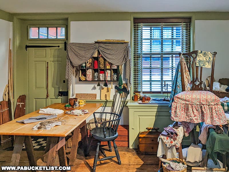 A recreation of the upholstery shop parlor where Betsy Ross is said to have met with George Washington, Robert Morris, and George Ross to discuss sewing the first American flag.