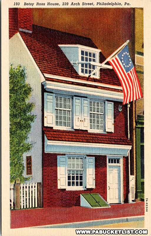 A vintage postcard image of the Betsy Ross House in Philadelphia.
