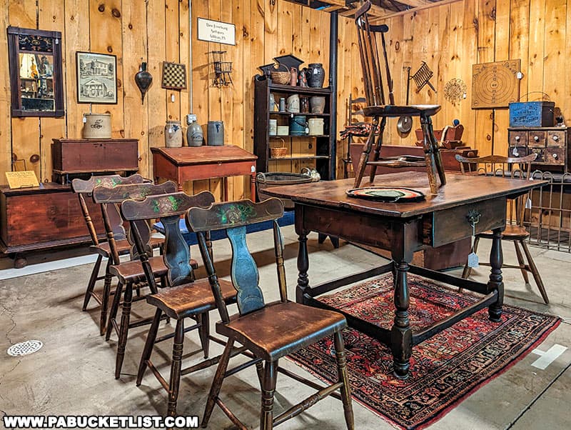 Vintage furniture for sale at the Big Valley Antique Center in Mifflin County Pennsylvania.