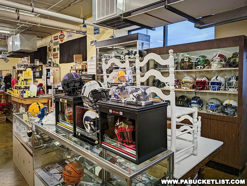 Sports memorabilia for sale at Bits of Time antique store in Bedford, Pennsylvania.