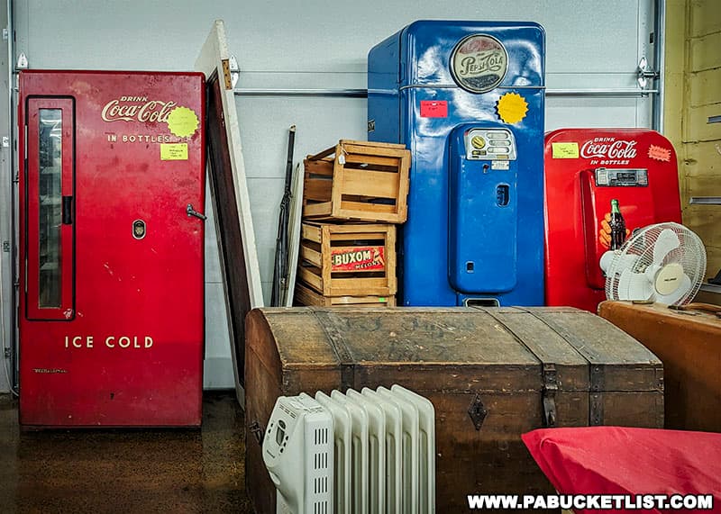Vintage soda machines for sale at Bits of Time antique store in Bedford, Pennsylvania.