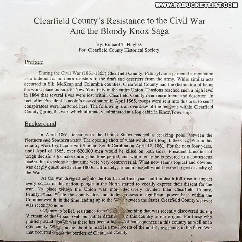 The Bloody Knox Saga is posted on a display outside the Bloody Knox Cabin in Clearfield County Pennsylvania.
