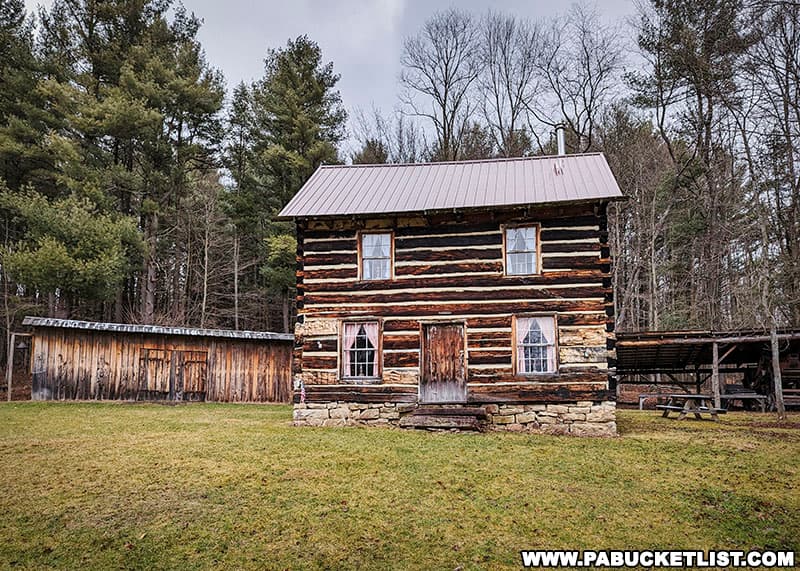 Front of the replica Bloody Knox Cabin along Route 453 in Clearfield County Pennsylvania.