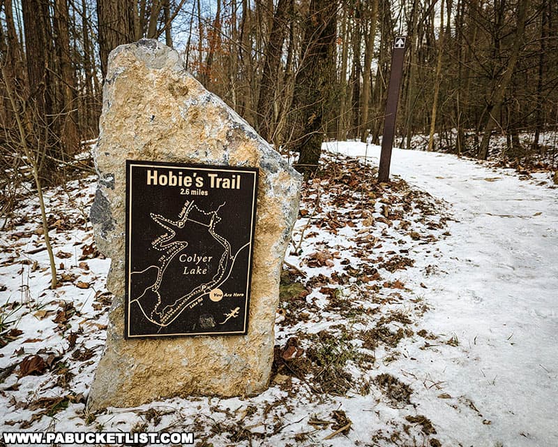 A map of Hobie's Trail near the parking area on the south shore of Colyer Lake in Centre County Pennsylvania.